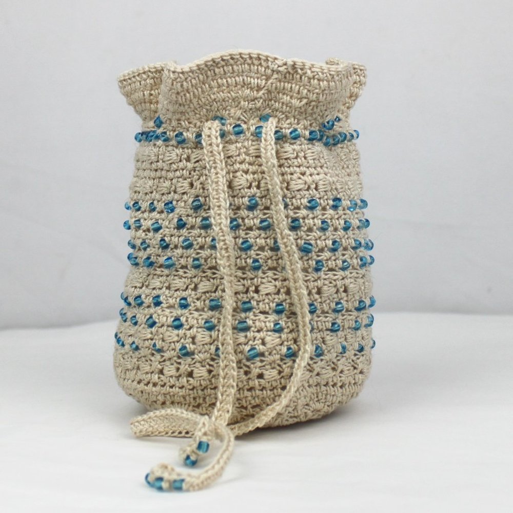 Blue Glass Beaded Cream Crochet Drawstring Pouch - Picture 9 of 9